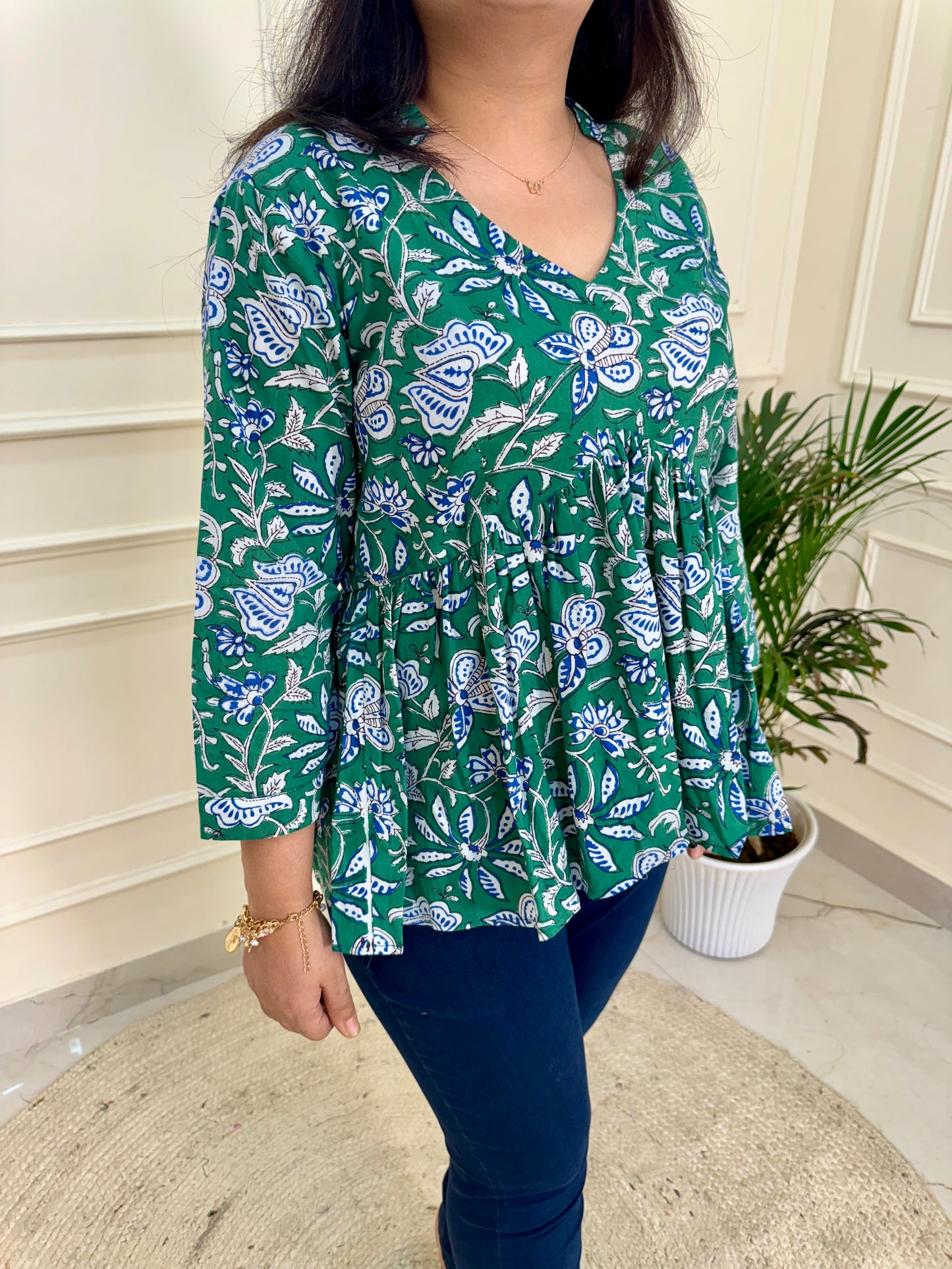 Hand Block Print Floral Gather Top-Green