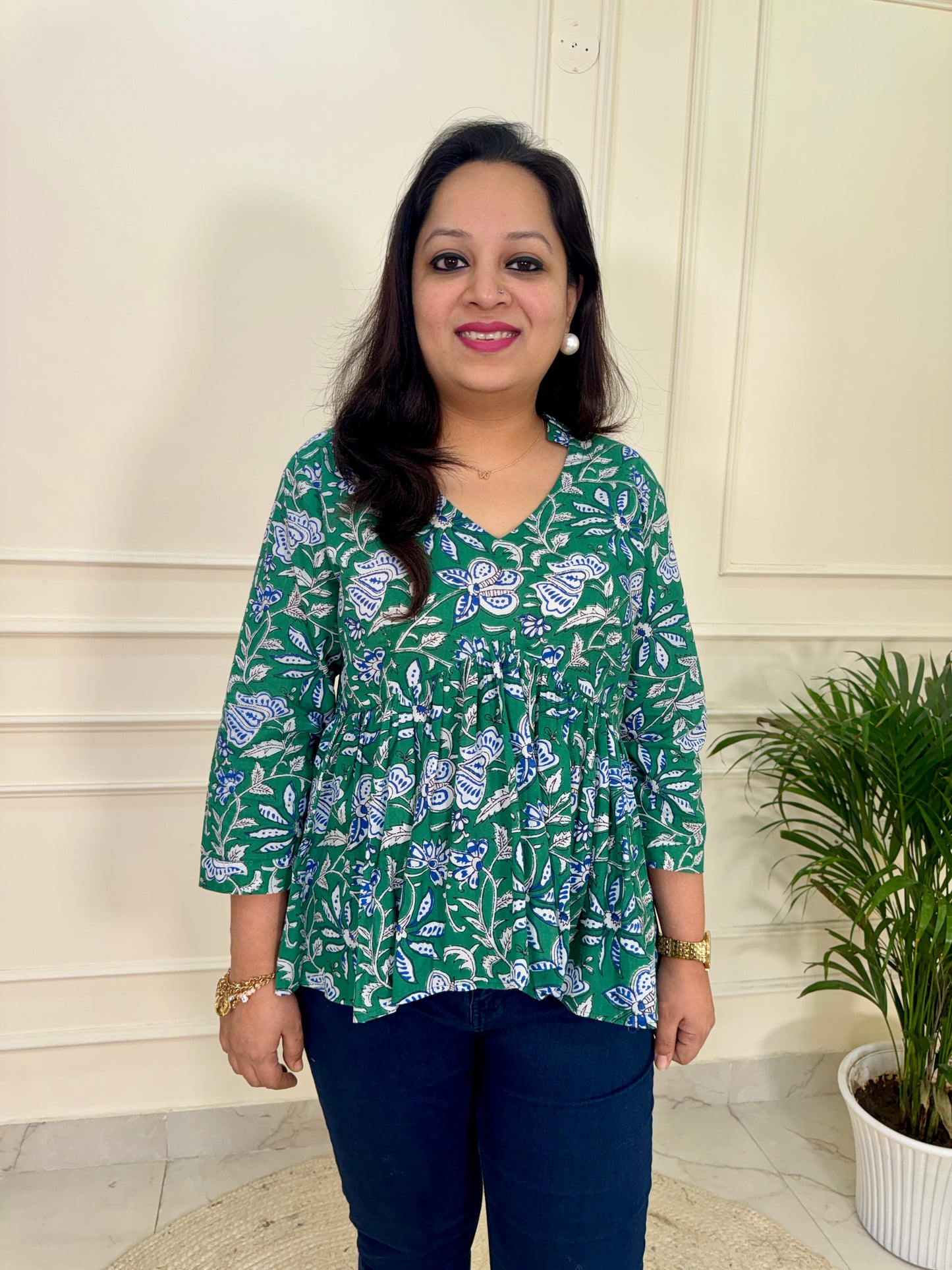 Hand Block Print Floral Gather Top-Green