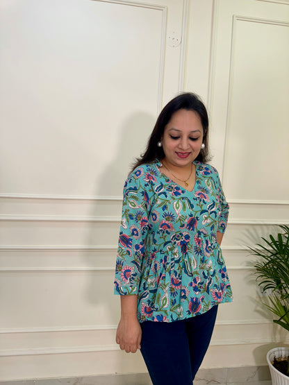 Hand Block Print Floral Gather Top-Turquoise