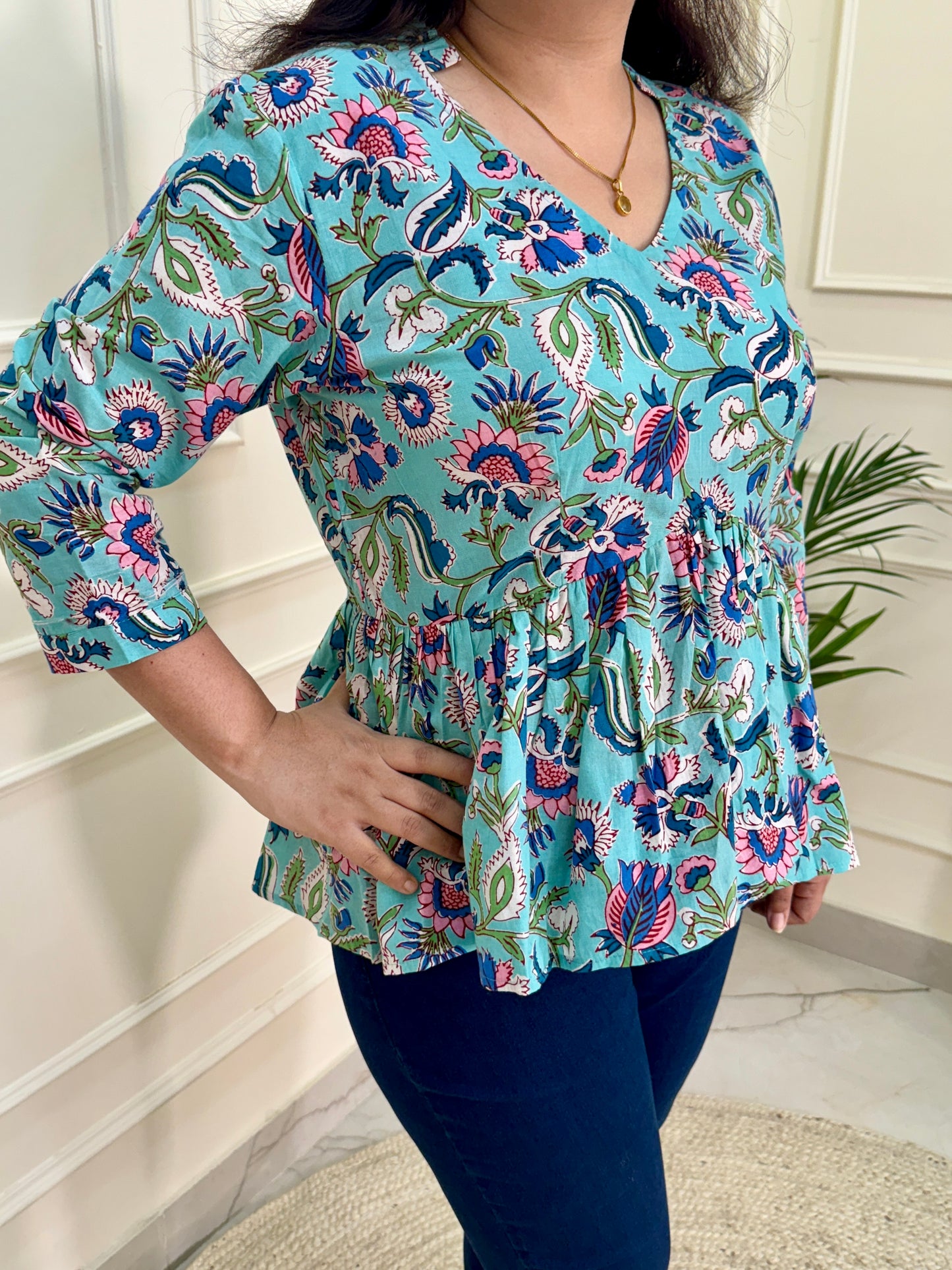 Hand Block Print Floral Gather Top-Turquoise