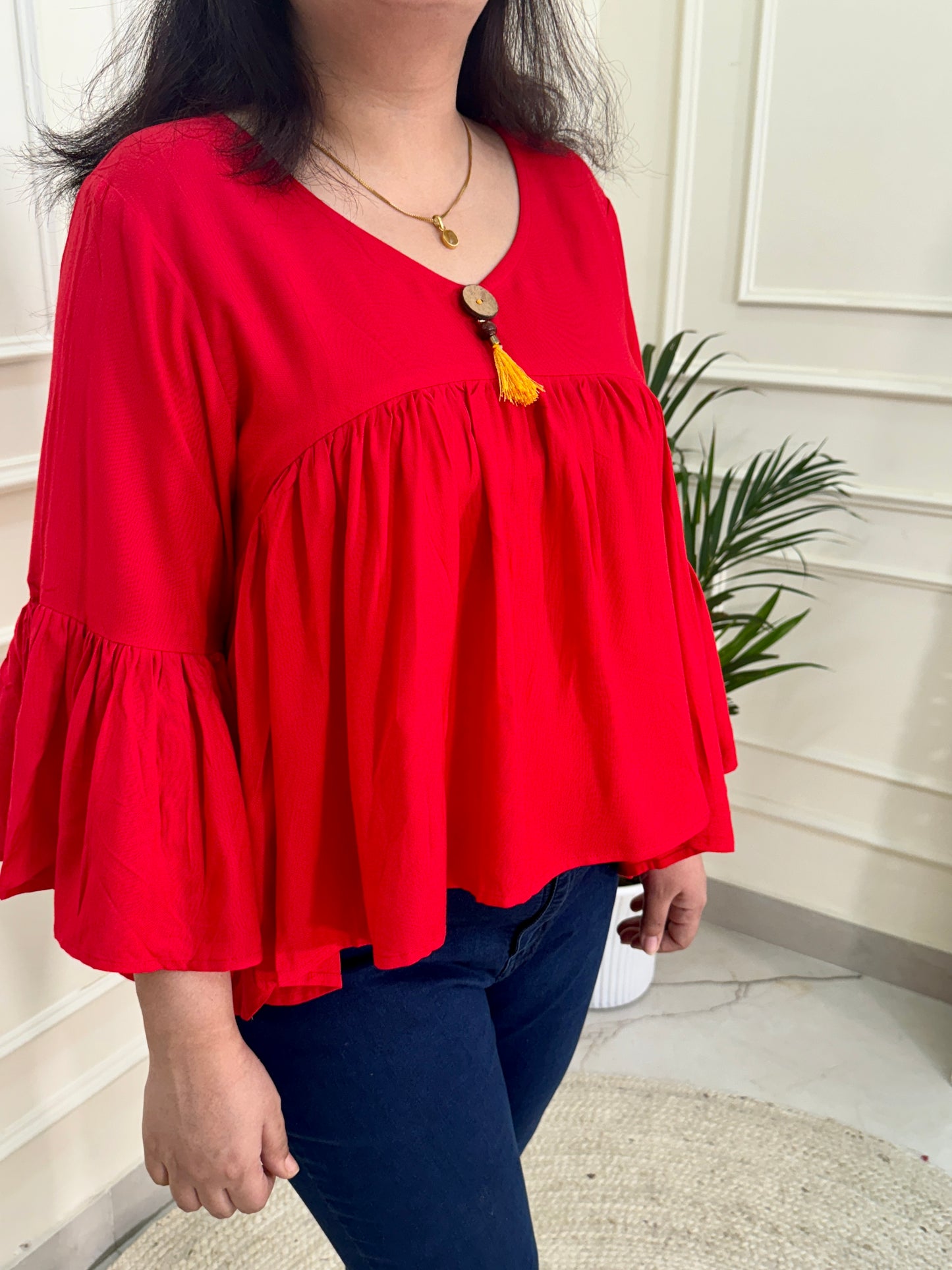 Premium Rayon Gather Top-Red