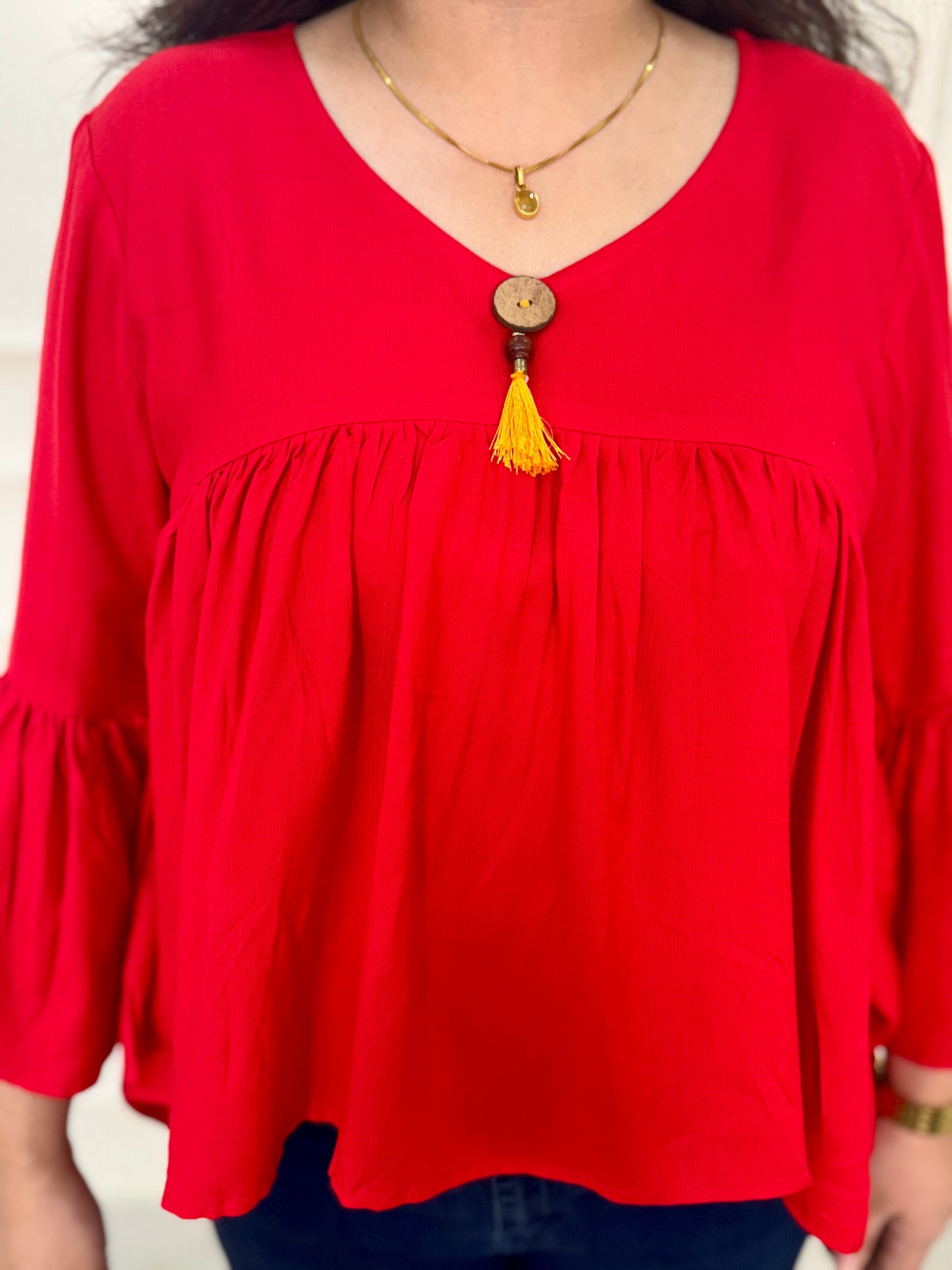 Premium Rayon Gather Top-Red