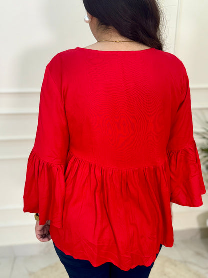 Premium Rayon Gather Top-Red