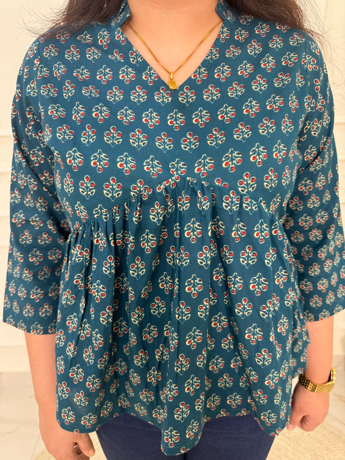 Hand Block Print Floral Gather Top-Teal