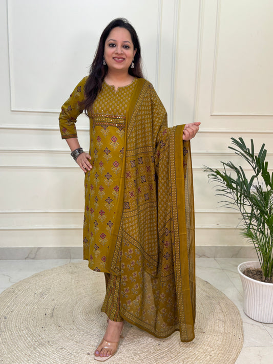 Zena premium Cotton Ajrakh Suit Set- Mustard