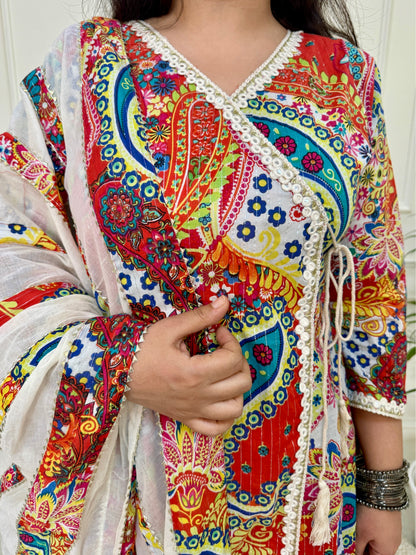 Angrakha Pattern A line Persian Print Suit set-Red Multicolour