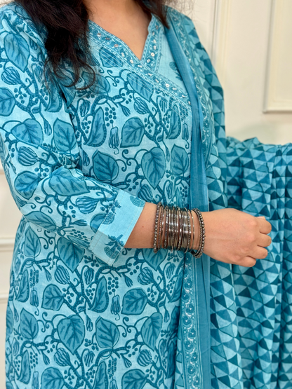 Angrakha Pattern A line Daabu Print Suit set-Blue colour