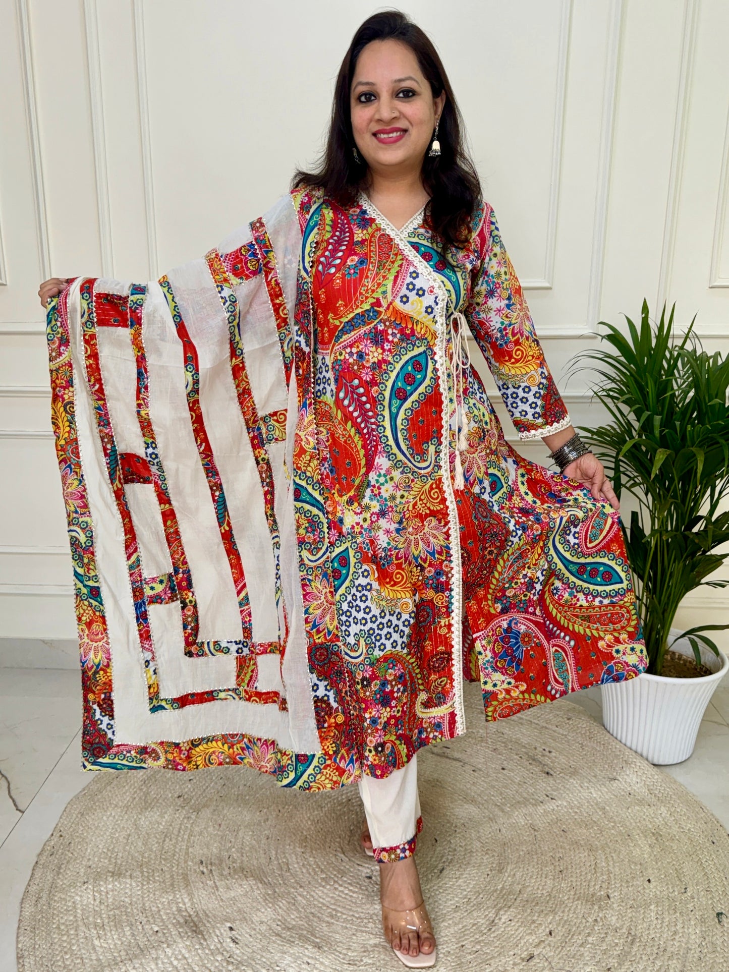 Angrakha Pattern A line Persian Print Suit set-Red Multicolour
