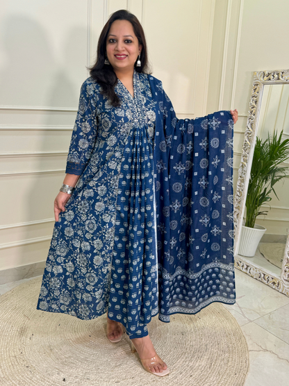 Nazma A line Suit set with lace work sleeves-Indigo Colour