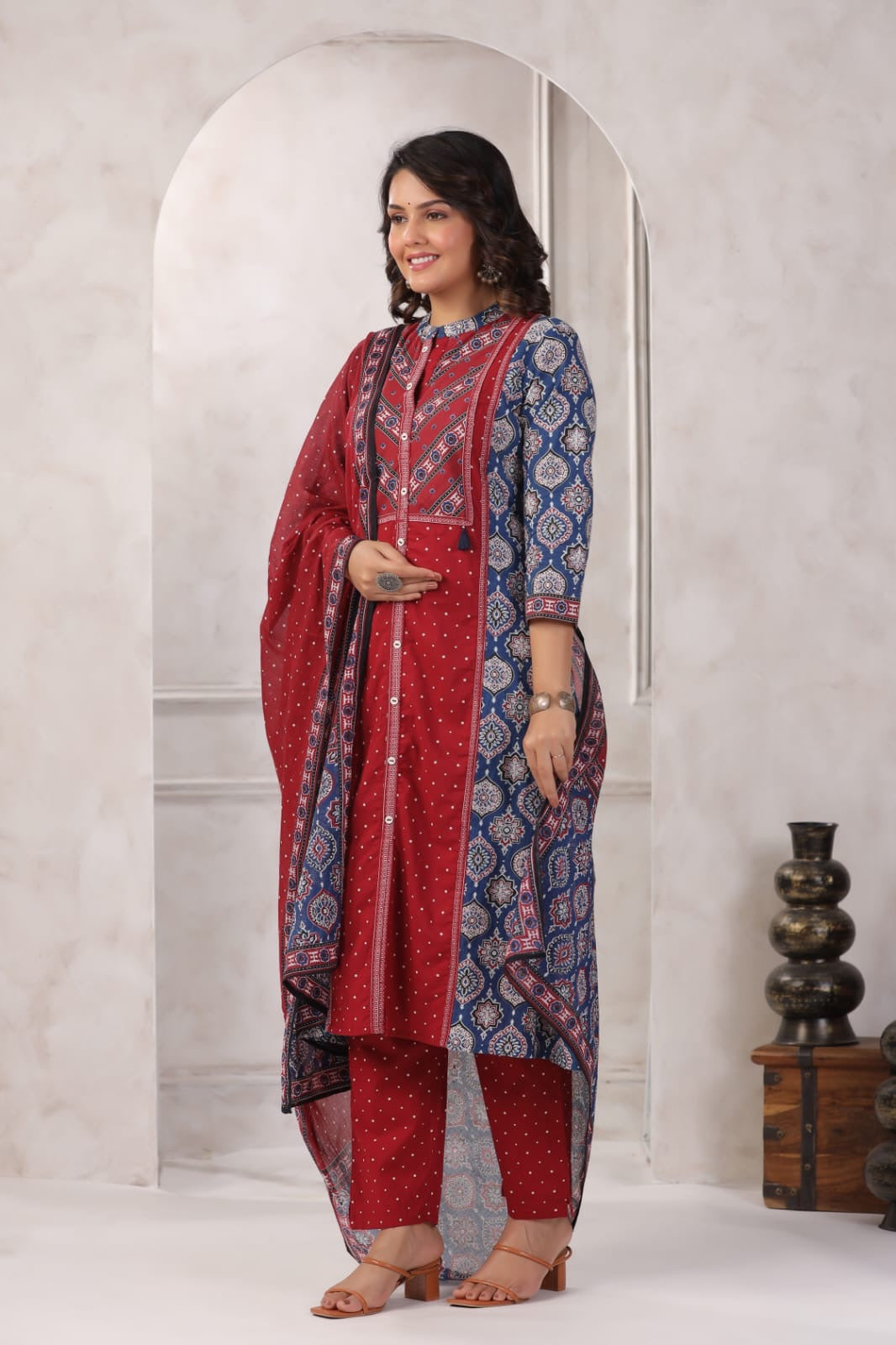 Dual Colour Ajrakh A line Suit set-Red & Navy Blue Colour