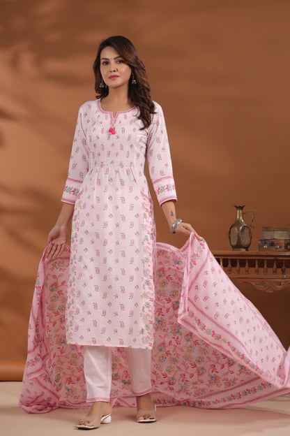 Phool Pocket Pure Cotton Pleated Suit set-Pink Colour